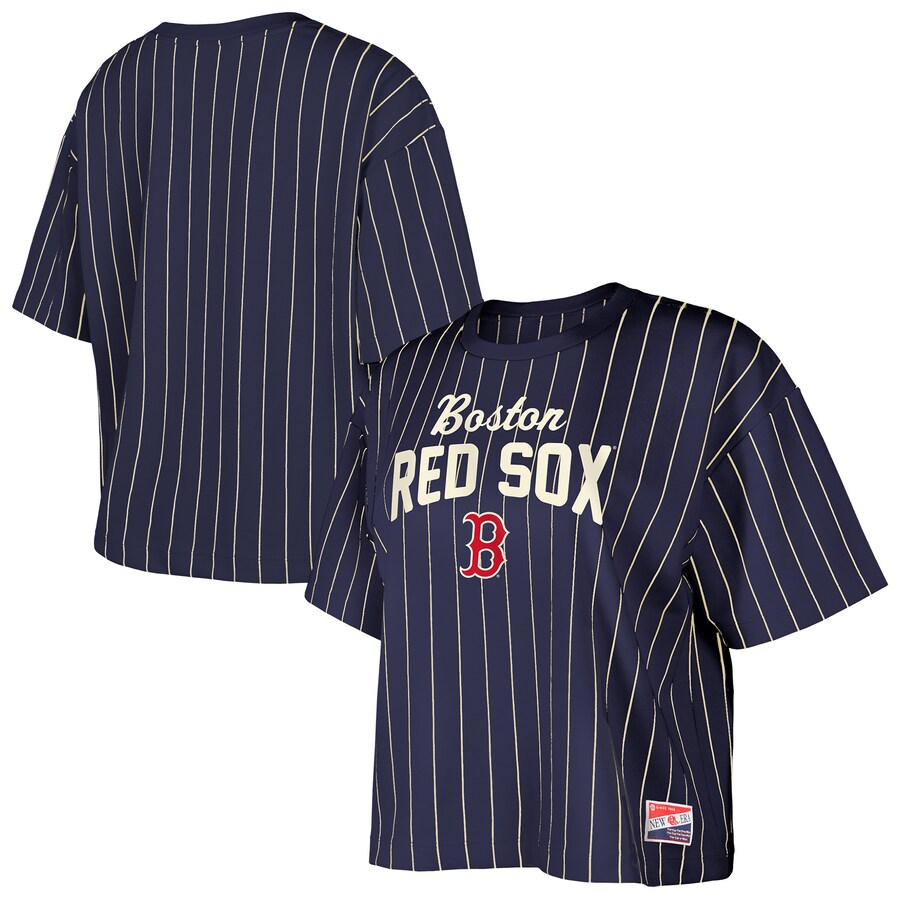 Women's Boston Red Sox New Era Navy Cooperstown Collection Multiplier Pinstripe Cropped T-Shirt - Puhuasuan