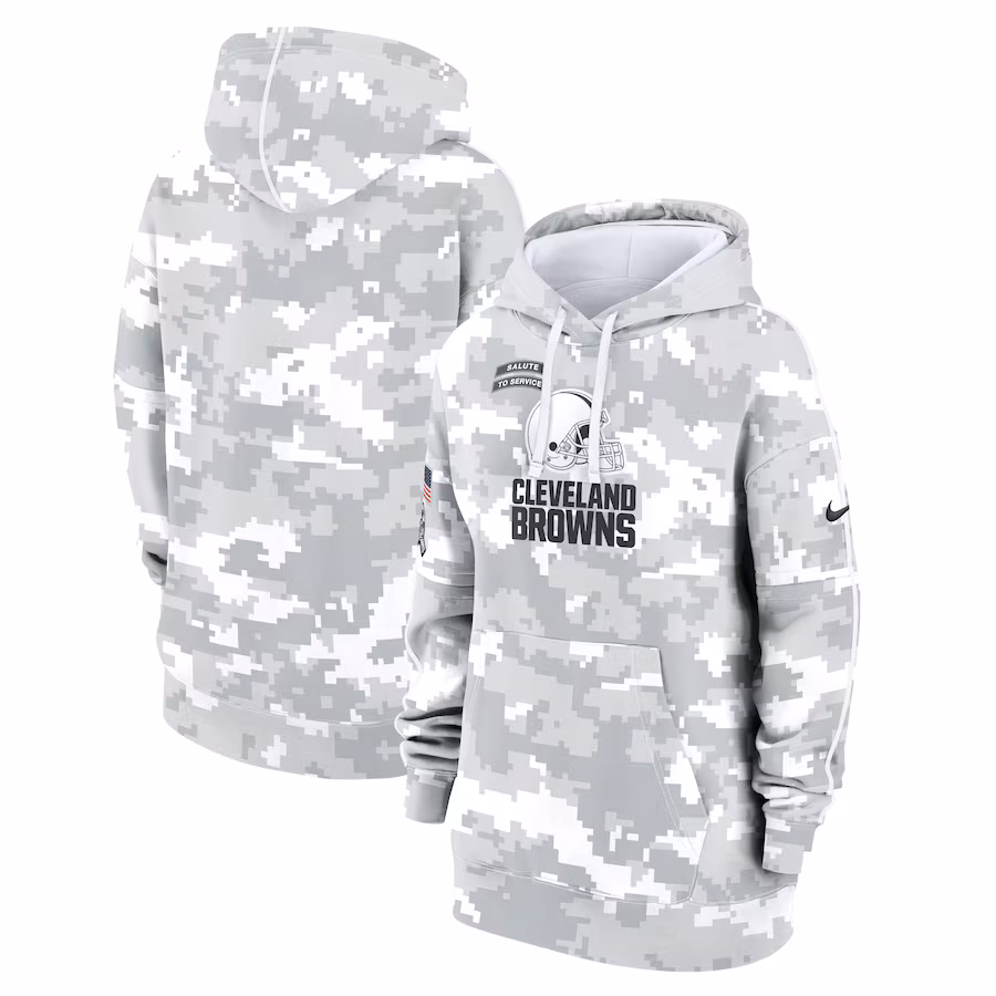 Women's Cleveland Browns Nike Arctic Camo 2024 Salute To Service Club Fleece Pullover Hoodie - Puhuasuan