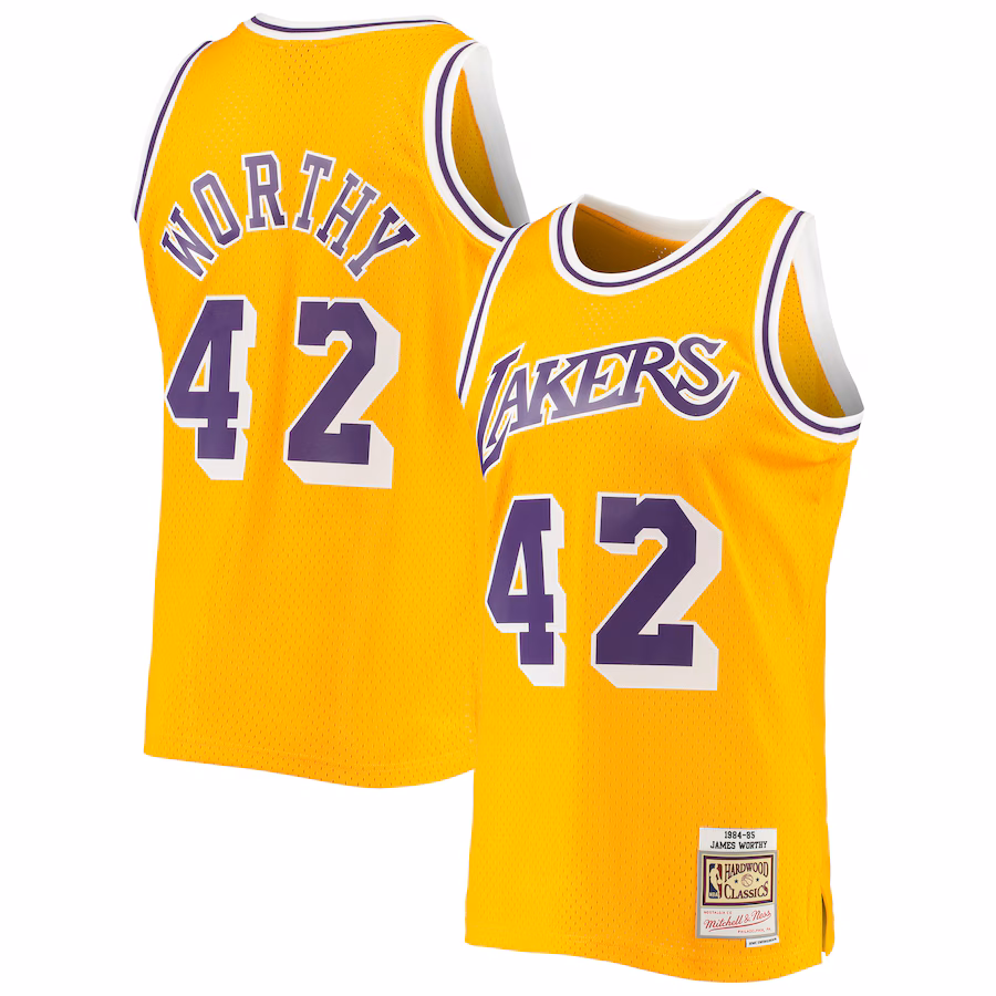 Men's Los Angeles Lakers James Worthy Mitchell & Ness Gold 1984/85 Hardwood Classics Swingman Jersey - Puhuasuan