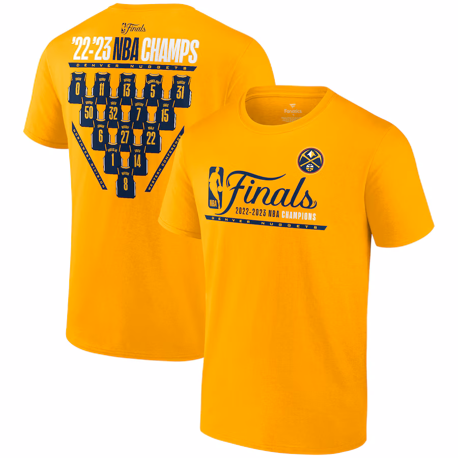 Men's Denver Nuggets  Fanatics Gold 2023 NBA Finals Champions Close Out Jersey Roster T-Shirt - Puhuasuan