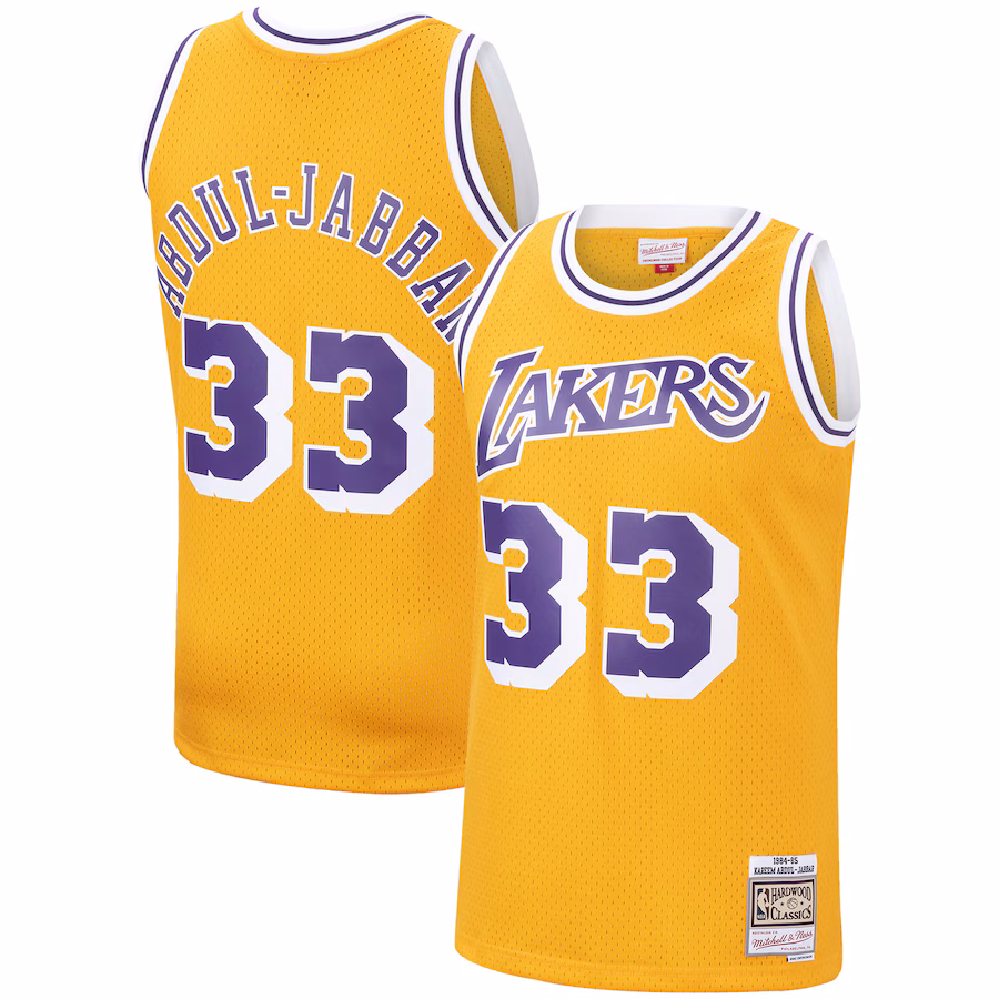 Men's Los Angeles Lakers Kareem Abdul-Jabbar Mitchell & Ness Gold Hardwood Classics Swingman Jersey - Puhuasuan