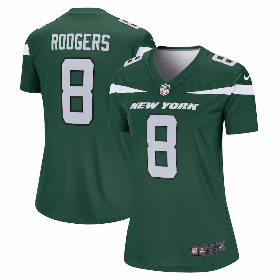 Women's New York Jets Aaron Rodgers Nike Gotham Green Team Legend Player Performance Top - Puhuasuan
