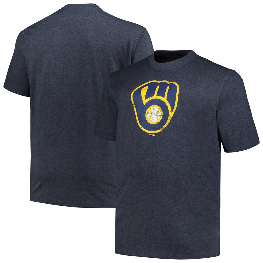 Men's Milwaukee Brewers Profile Heather Navy Big & Tall Weathered Logo T-Shirt - Puhuasuan