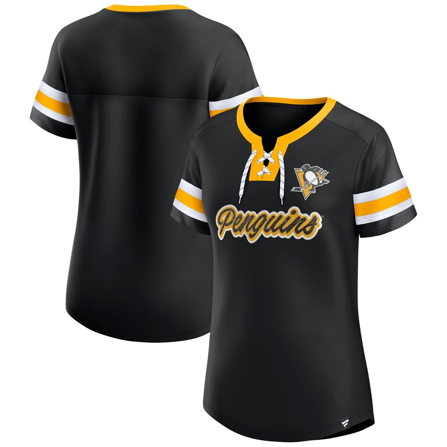 Women's Pittsburgh Penguins Fanatics Black Iconic Athena Lace-Up T-Shirt - Puhuasuan