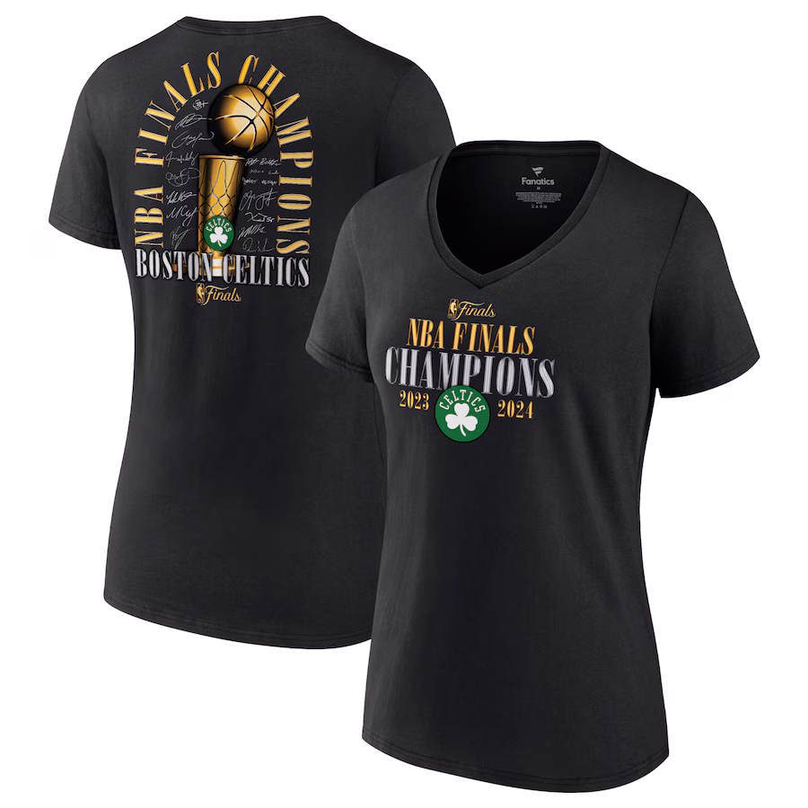 Women's Boston Celtics Fanatics Black 2024 NBA Finals Champions Fade Away Jumper Roster Signature V-Neck T-Shirt - Puhuasuan