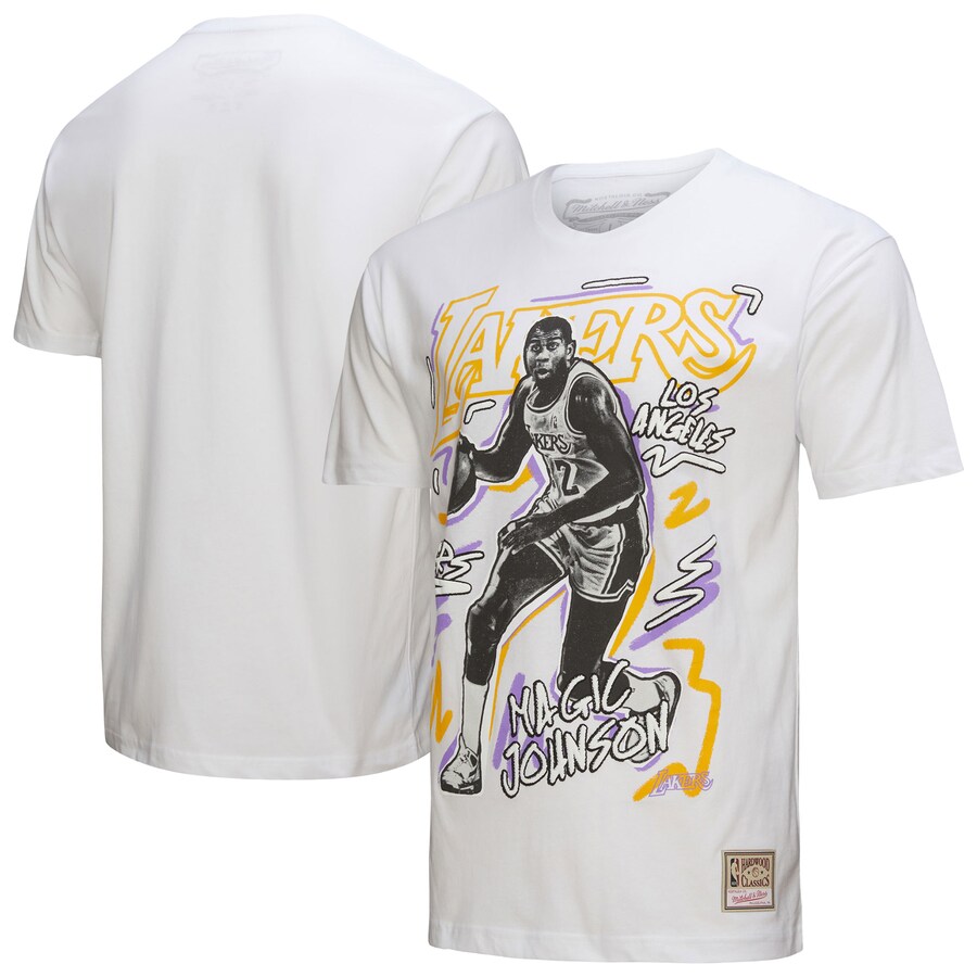 Men's Los Angeles Lakers Magic Johnson Mitchell & Ness White Hardwood Classics Chalked Up T-Shirt - Puhuasuan