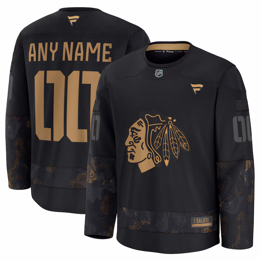 Men's Chicago Blackhawks Fanatics Black 2024 Military Appreciation Custom Practice Jersey - Puhuasuan