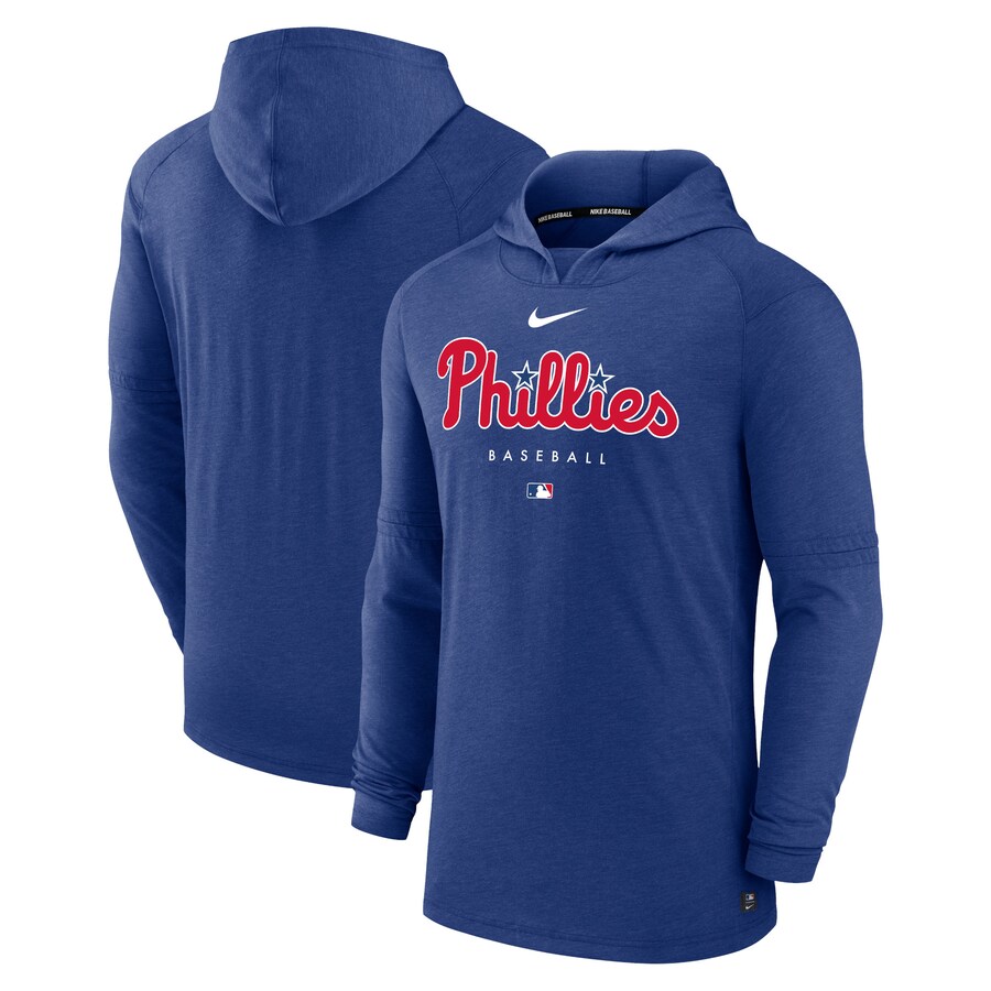 Men's Philadelphia Phillies Nike Heather Royal Authentic Collection Early Work Tri-Blend Performance Pullover Hoodie - Puhuasuan