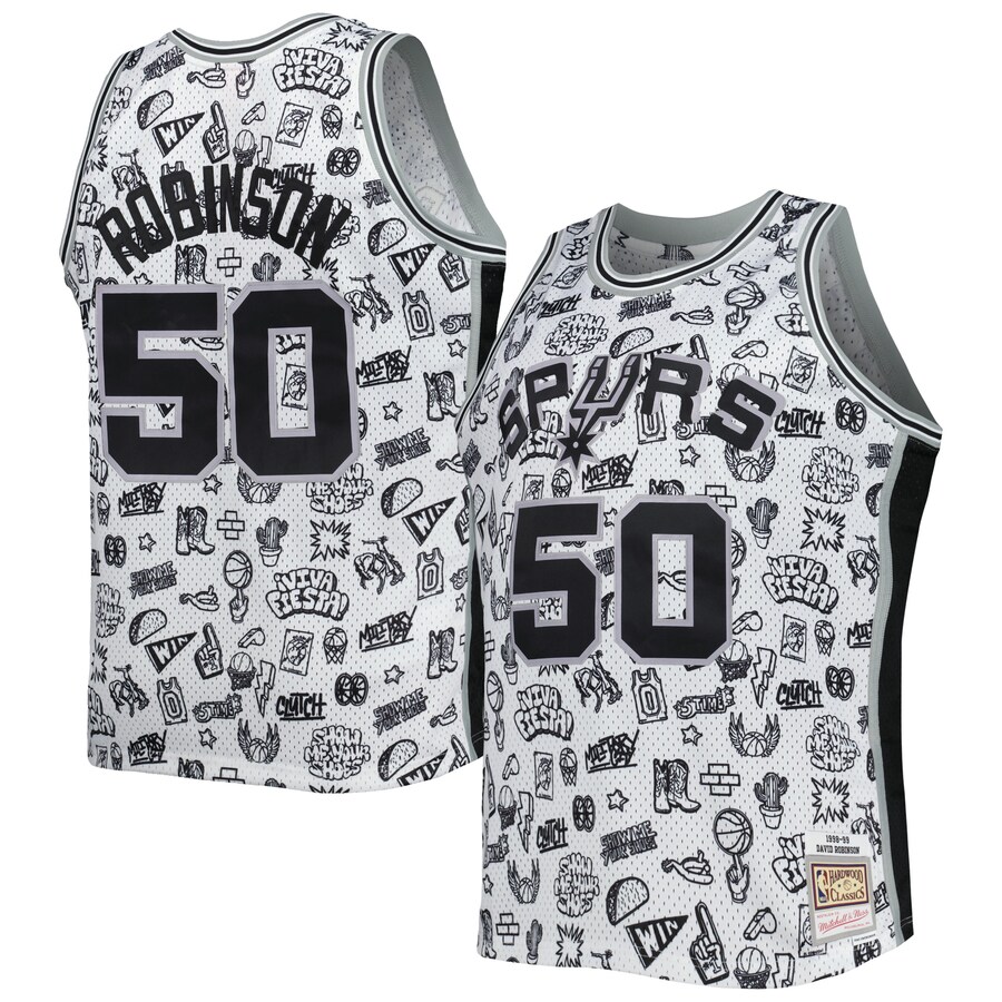 Men's San Antonio Spurs David Robinson Mitchell & Ness White 1998/99 Hardwood Classics Doodle Swingman Player Jersey - Puhuasuan
