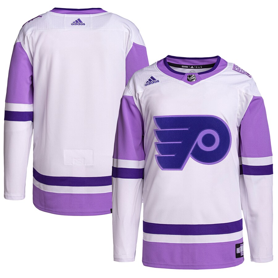 Men's Philadelphia Flyers adidas White/Purple Hockey Fights Cancer Primegreen Authentic Blank Practice Jersey - Puhuasuan