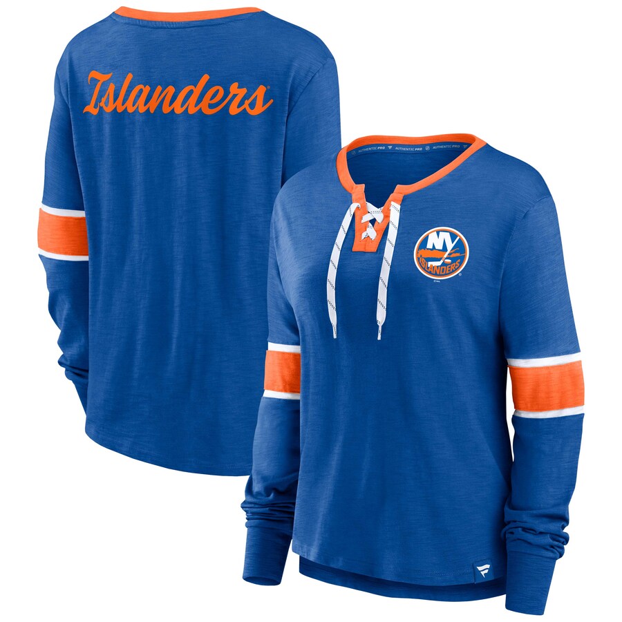 Women's New York Islanders Fanatics Royal Effervescent Exclusive Lace-Up Long Sleeve T-Shirt - Puhuasuan