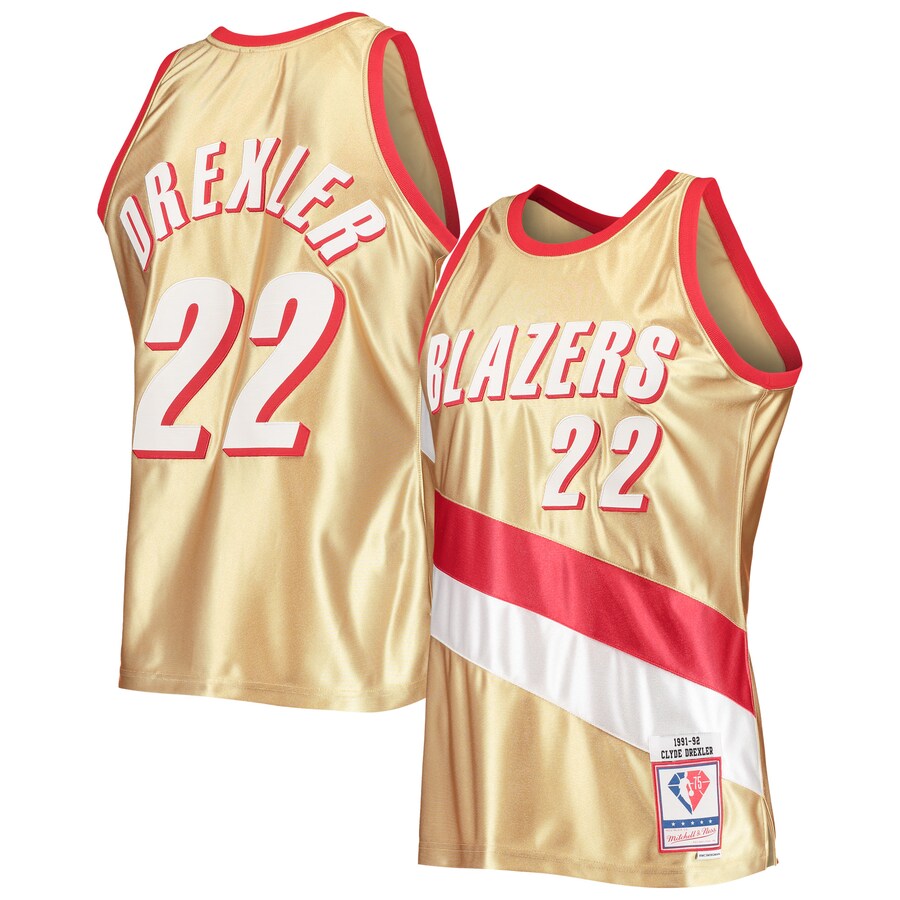 Men's Portland Trail Blazers Clyde Drexler Gold Mitchell & Ness 75th Anniversary 1991/92 Hardwood Classics Swingman Jersey - Puhuasuan