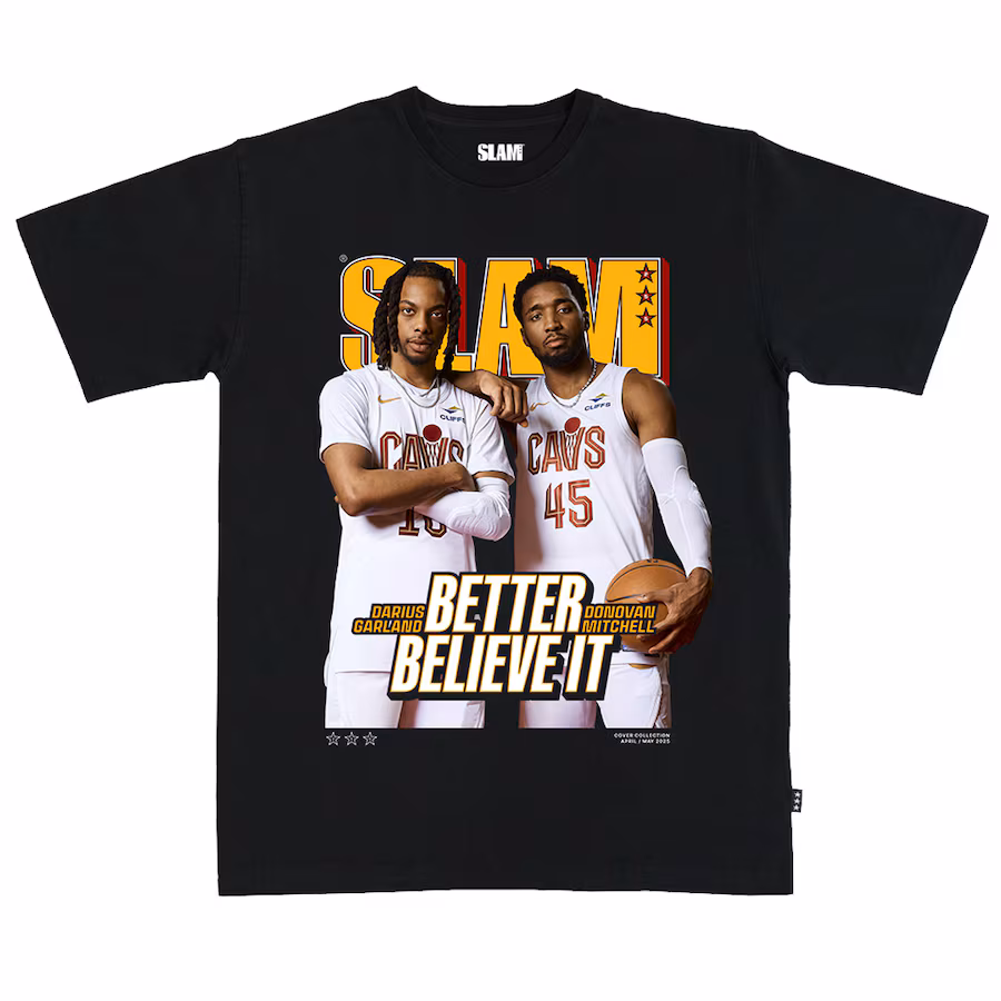 Unisex Cleveland Cavaliers Donovan Mitchell & Darius Garland SLAM Black April/May 2025 Cover Graphic T-Shirt - Puhuasuan