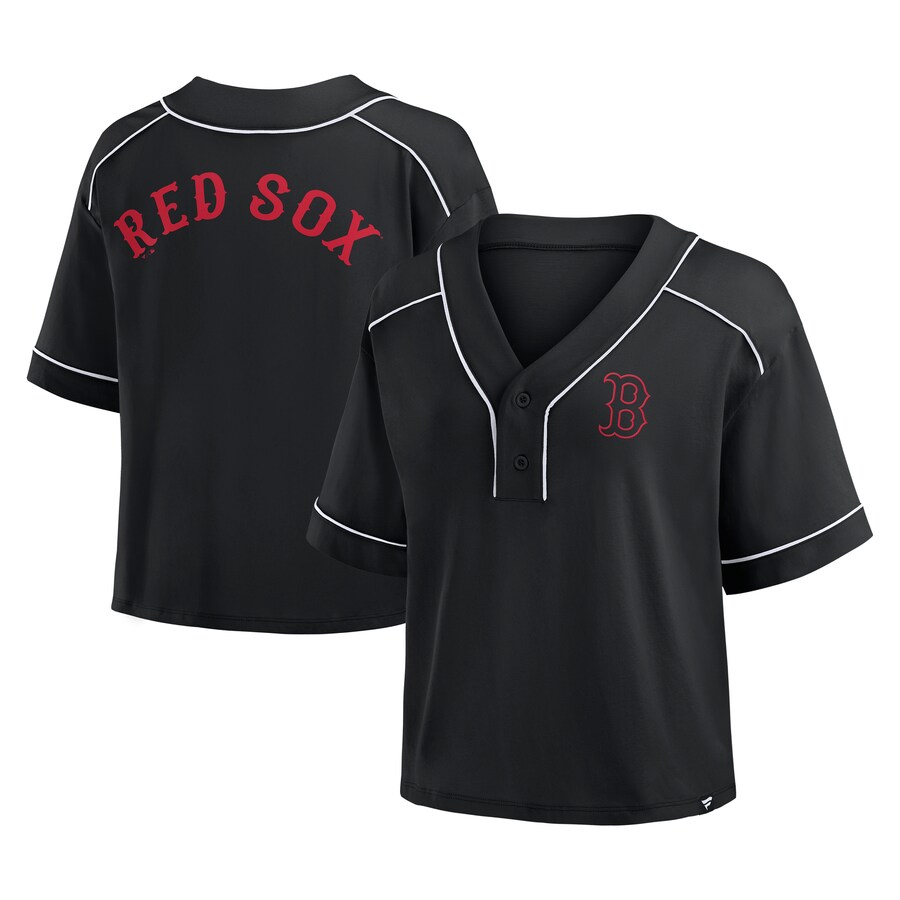 Women's Boston Red Sox Fanatics Black Oversized Champ Game Cropped V-Neck T-Shirt - Puhuasuan