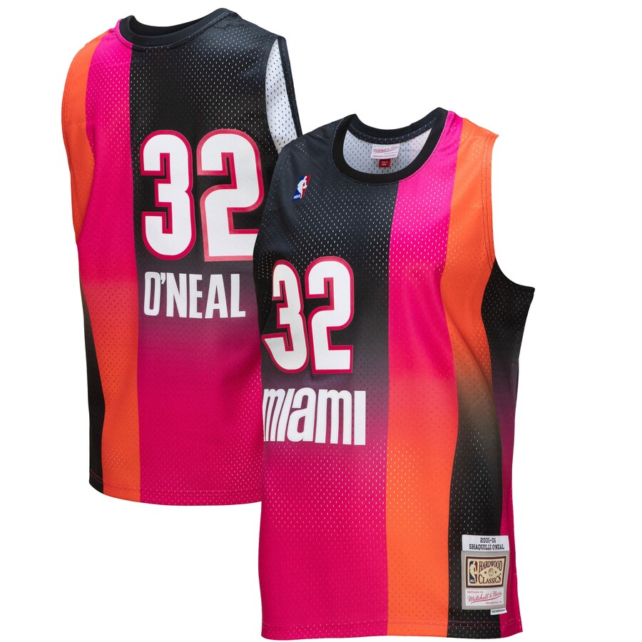 Men's Miami Heat Shaquille O'Neal Mitchell & Ness Pink/Black 2005/06 Hardwood Classics Fadeaway Swingman Player Jersey - Puhuasuan