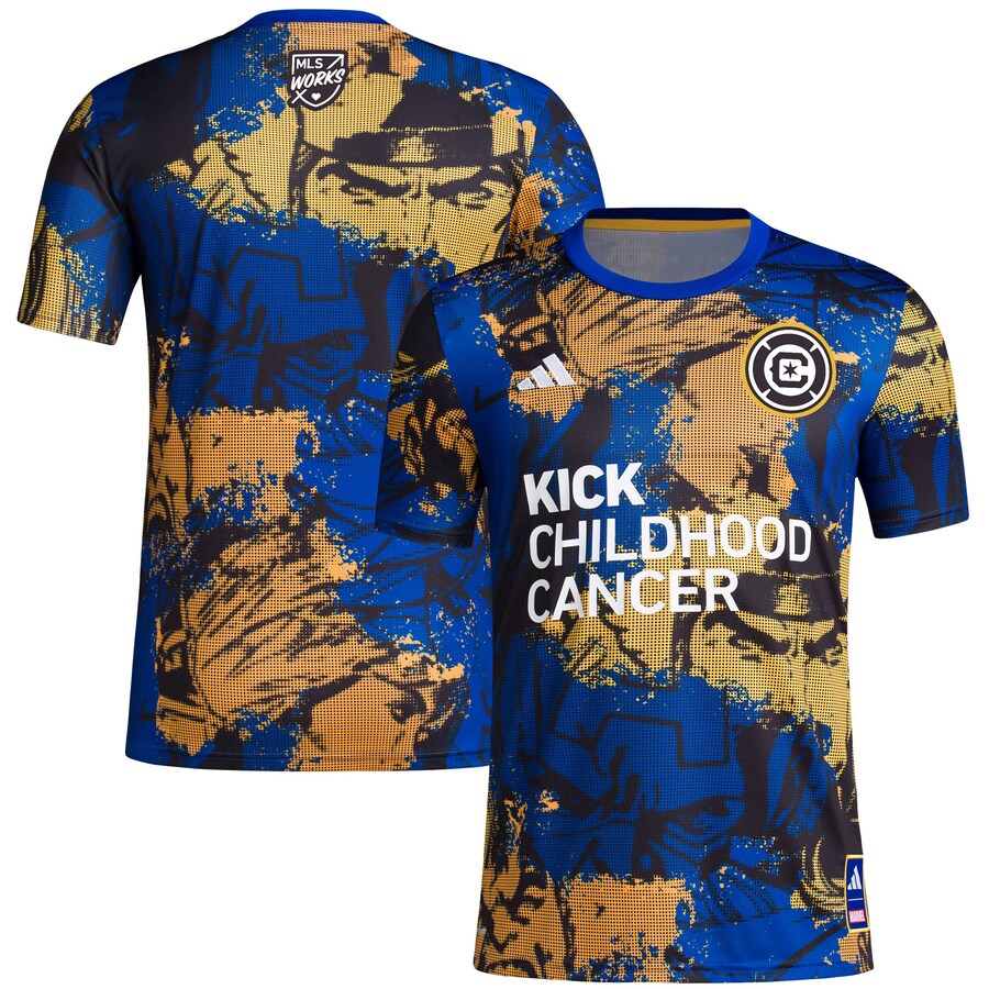 Men's Chicago Fire adidas Royal 2023 MLS Works Kick Childhood Cancer x Marvel Pre-Match Top - Puhuasuan
