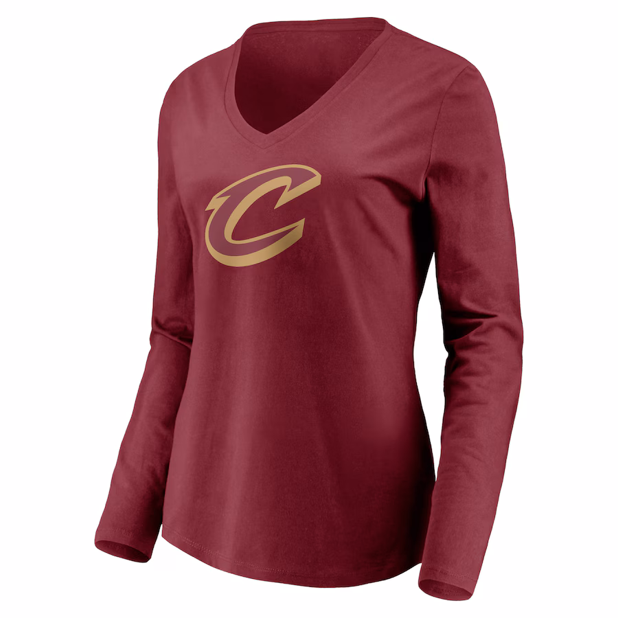 Women's Cleveland Cavaliers Wine Primary Logo Team Long Sleeve V-Neck T-Shirt - Puhuasuan