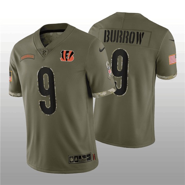 Men's Cincinnati Bengals #9 Joe Burrow 2022 Olive Salute To Service Limited Stitched Jersey - Puhuasuan