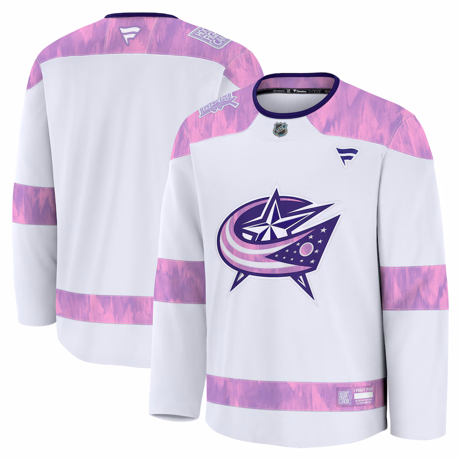 Men's Columbus Blue Jackets Fanatics White 2024 Hockey Fights Cancer Practice Jersey - Puhuasuan