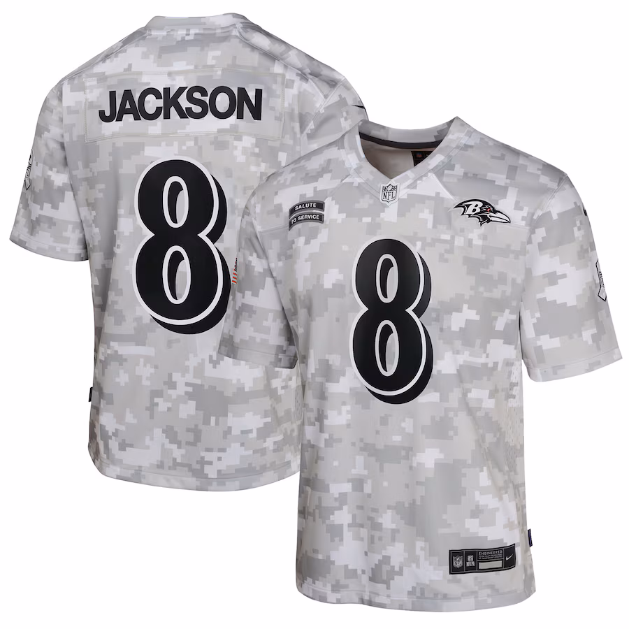 Youth Baltimore Ravens Lamar Jackson Nike Arctic Camo 2024 Salute to Service Game Jersey - Puhuasuan
