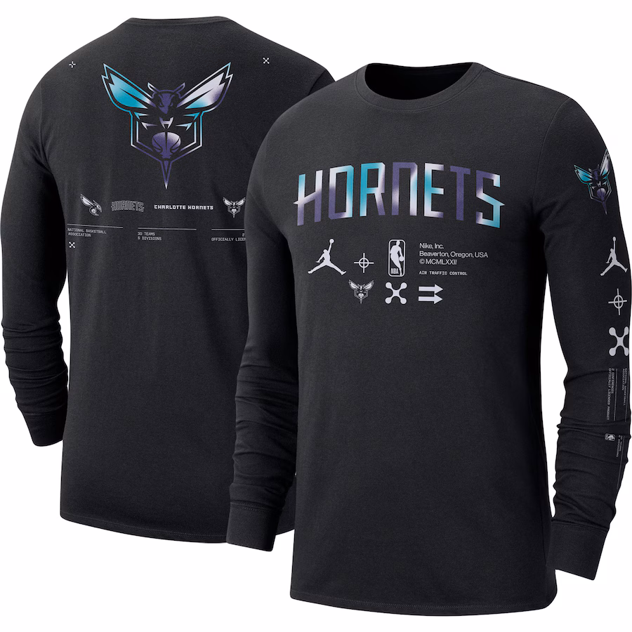 Men's Charlotte Hornets Jordan Brand Black Essential Air Traffic Control Long Sleeve T-Shirt - Puhuasuan
