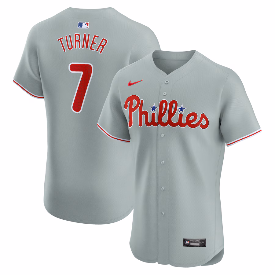 Men's Philadelphia Phillies Trea Turner Nike Gray Road Elite Player Jersey - Puhuasuan