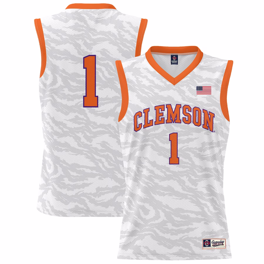 #1 Clemson Tigers GameDay Greats Youth Tiger Print Lightweight Basketball Jersey - White - Puhuasuan