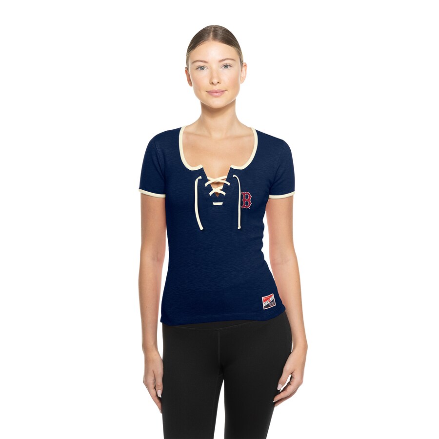 Women's Boston Red Sox New Era Navy Throwback Lace Up T-Shirt - Puhuasuan