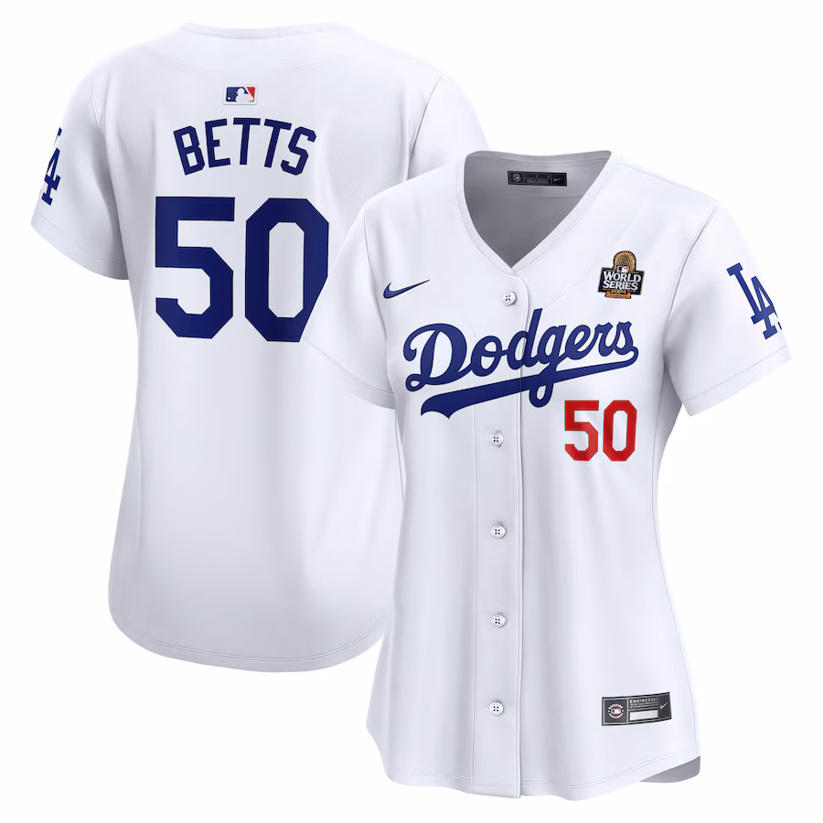 Women's Los Angeles Dodgers Mookie Betts Nike White 2024 World Series Home Limited Player Jersey - Puhuasuan