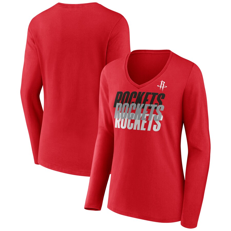 Women's Houston Rockets  Fanatics Red Iconic Tumble Long Sleeve V-Neck T-Shirt - Puhuasuan