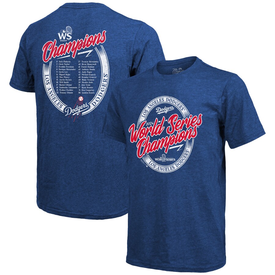 Men's Los Angeles Dodgers Majestic Threads Royal 2024 World Series Champions Tri-Blend Roster T-Shirt - Puhuasuan