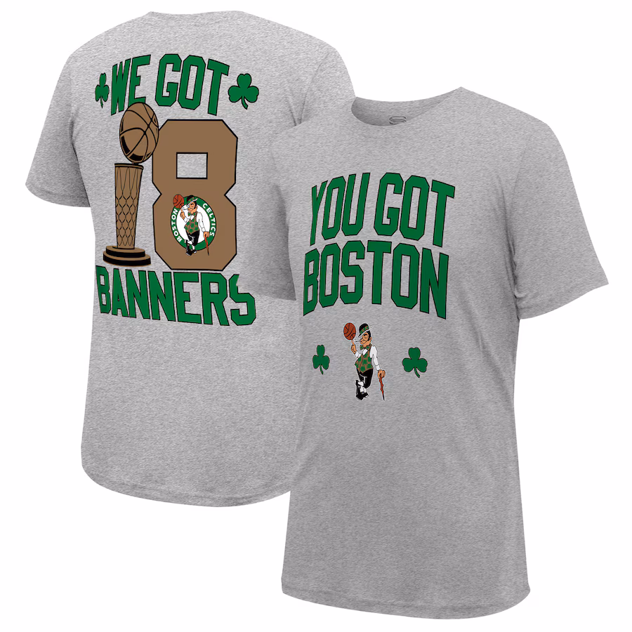 Men's Boston Celtics Stadium Essentials Heather Gray 18-Time NBA Finals Champions We Got 18 Banners T-Shirt - Puhuasuan