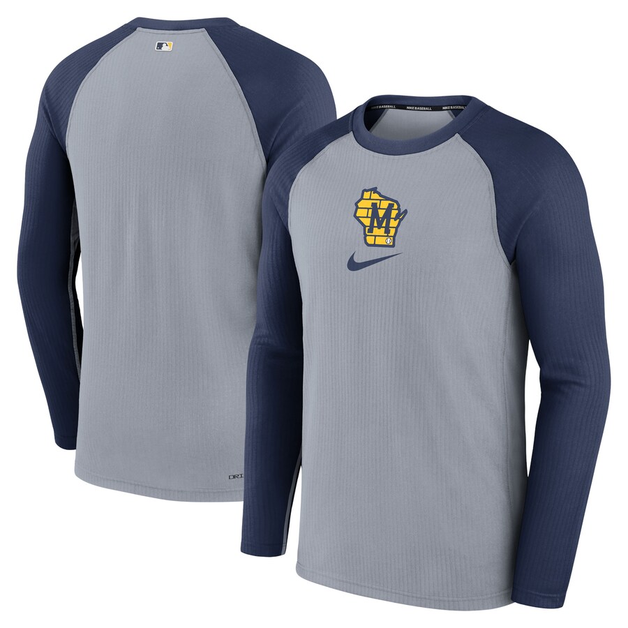 Men's Milwaukee Brewers Nike Gray Authentic Collection Game Raglan Performance Long Sleeve T-Shirt - Puhuasuan