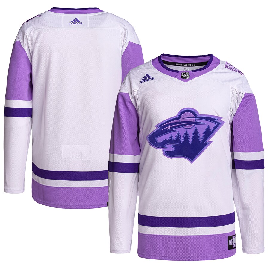 Men's Minnesota Wild adidas White/Purple Hockey Fights Cancer Primegreen Authentic Blank Practice Jersey - Puhuasuan