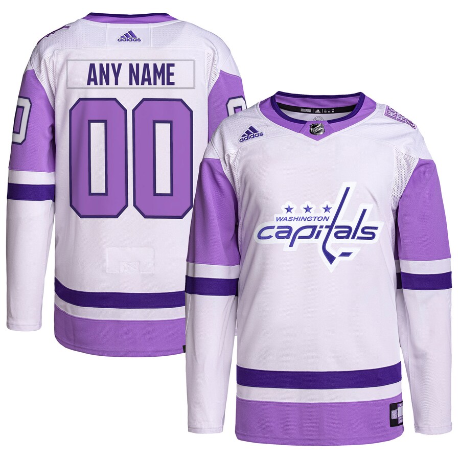 Men's Washington Capitals adidas White/Purple Hockey Fights Cancer Primegreen Authentic Custom Jersey - Puhuasuan