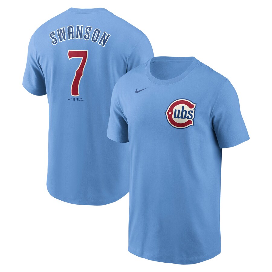 Men's Chicago Cubs Dansby Swanson Nike Baby Blue Fuse Name & Number T-Shirt - Puhuasuan