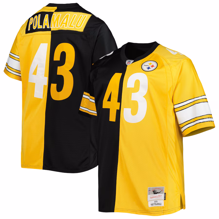 Men's Pittsburgh Steelers Troy Polamalu Mitchell & Ness Black/Gold Big & Tall Split Legacy Retired Player Replica Jersey - Puhuasuan