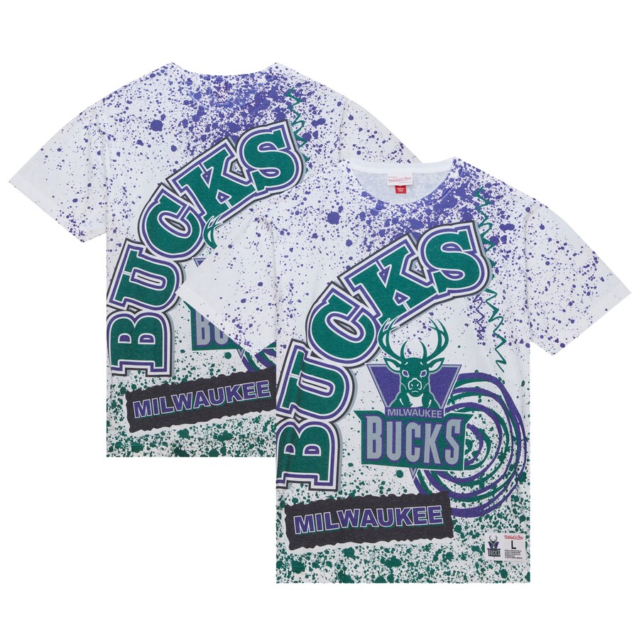 Men's Milwaukee Bucks  Mitchell & Ness White Team Burst Sublimated T-Shirt - Puhuasuan