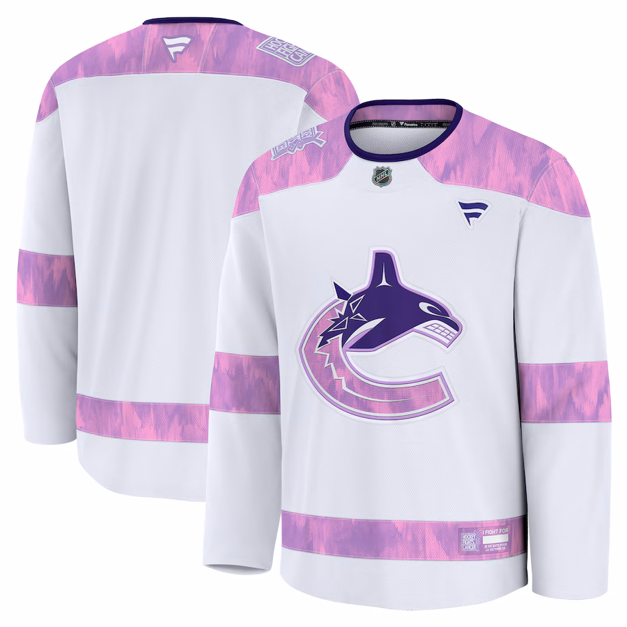 Men's Vancouver Canucks Fanatics White 2024 Hockey Fights Cancer Practice Jersey - Puhuasuan
