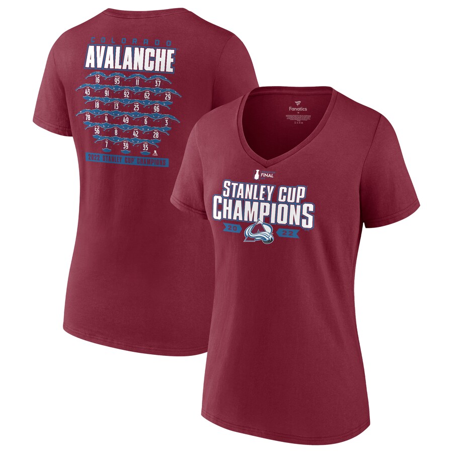 Women's Colorado Avalanche Fanatics Burgundy 2022 Stanley Cup Champions Jersey Roster V-Neck T-Shirt - Puhuasuan