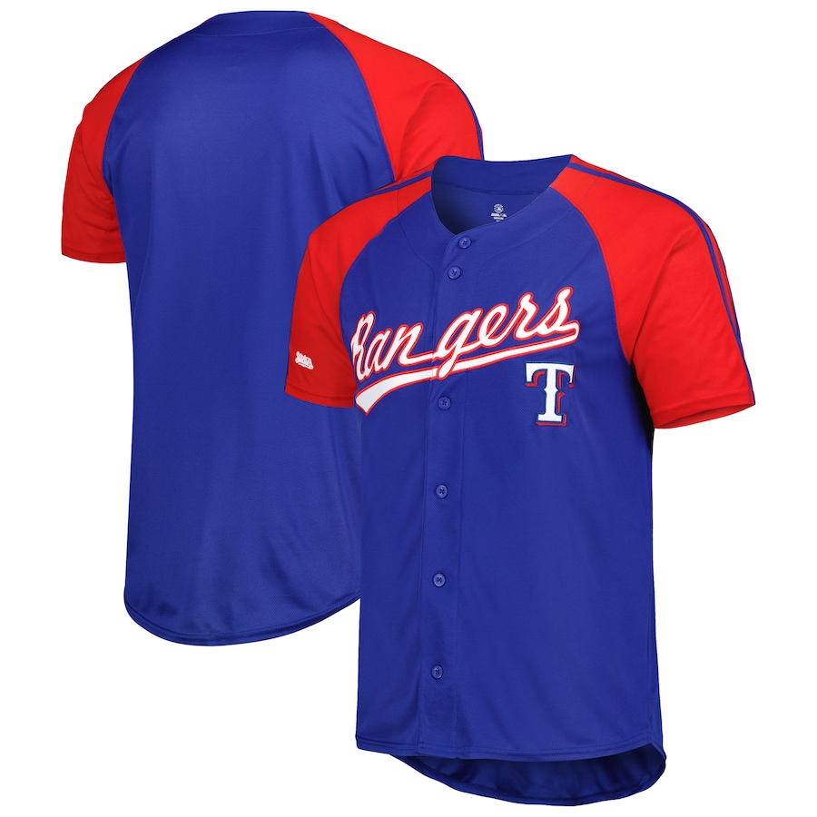 Men's Texas Rangers Stitches Royal Button-Down Raglan Fashion Jersey - Puhuasuan