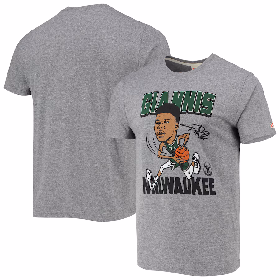 Men's Milwaukee Bucks Giannis Antetokounmpo Homage Heathered Gray Caricature Tri-Blend T-Shirt - Puhuasuan
