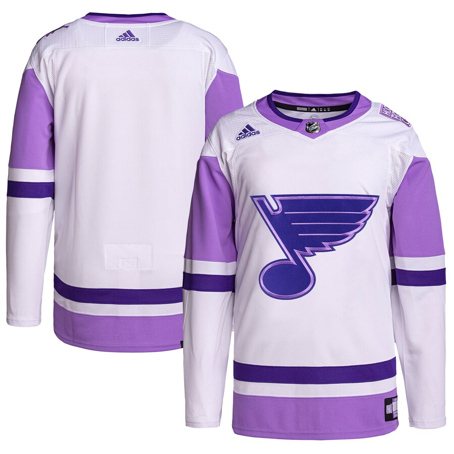 Men's St. Louis Blues adidas White/Purple Hockey Fights Cancer Primegreen Authentic Blank Practice Jersey - Puhuasuan