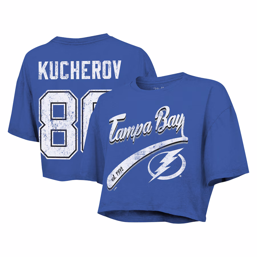 Women's Tampa Bay Lightning Nikita Kucherov Majestic Threads Royal Behind The Net Boxy Name & Number Cropped T-Shirt - Puhuasuan