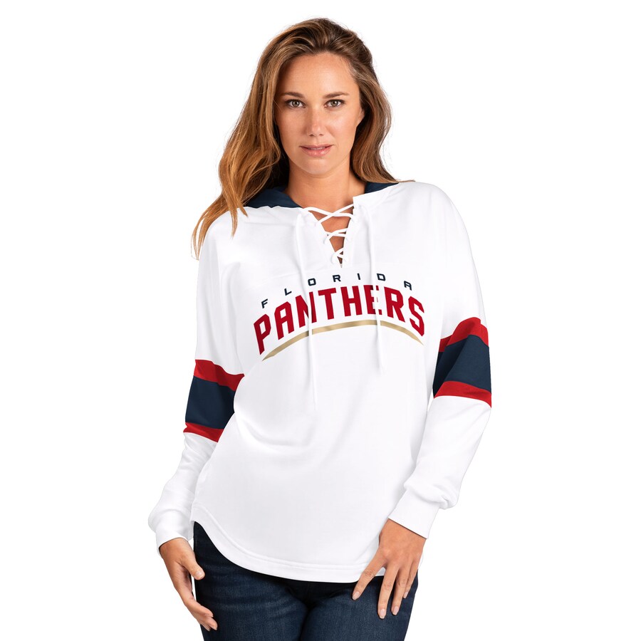 Women's Florida Panthers G-III 4Her by Carl Banks White Goal Zone Long Sleeve Lace-Up Hoodie T-Shirt - Puhuasuan