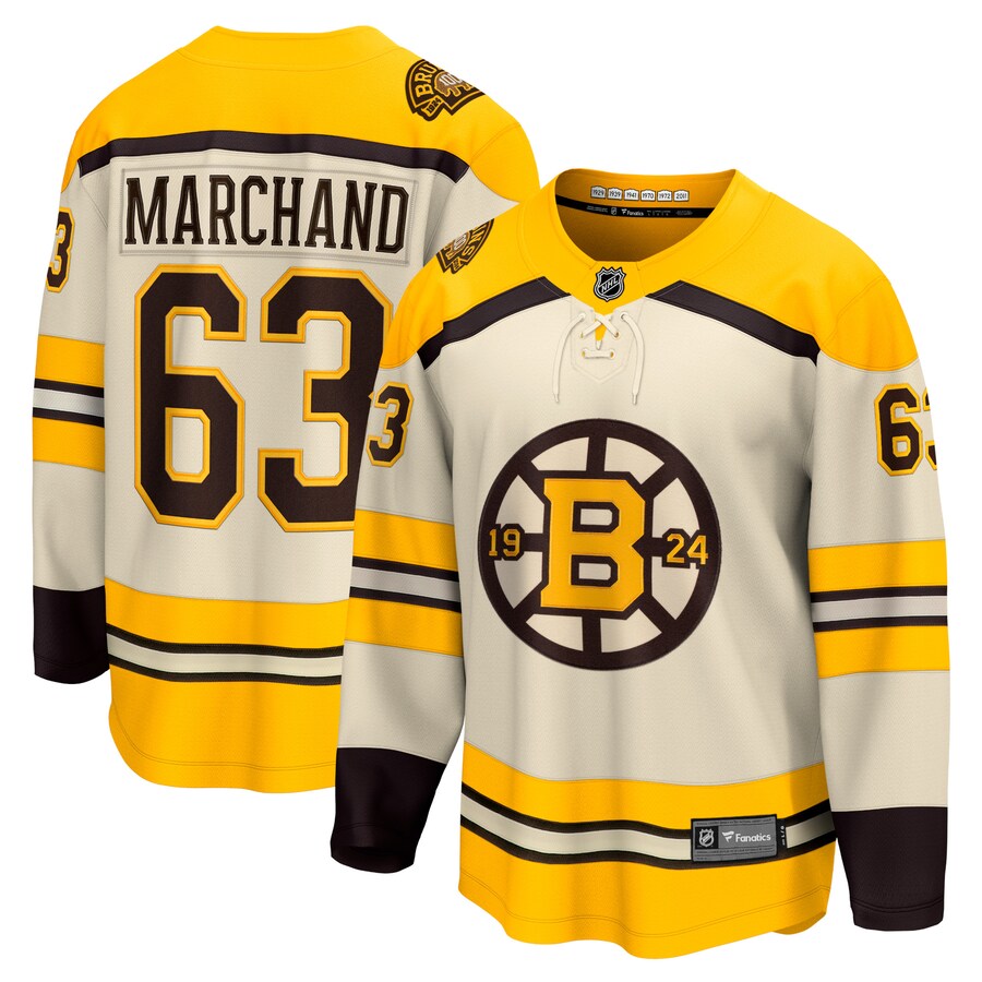 Men's Boston Bruins Brad Marchand Fanatics Branded Cream 100th Anniversary Premier Breakaway Player Jersey - Puhuasuan
