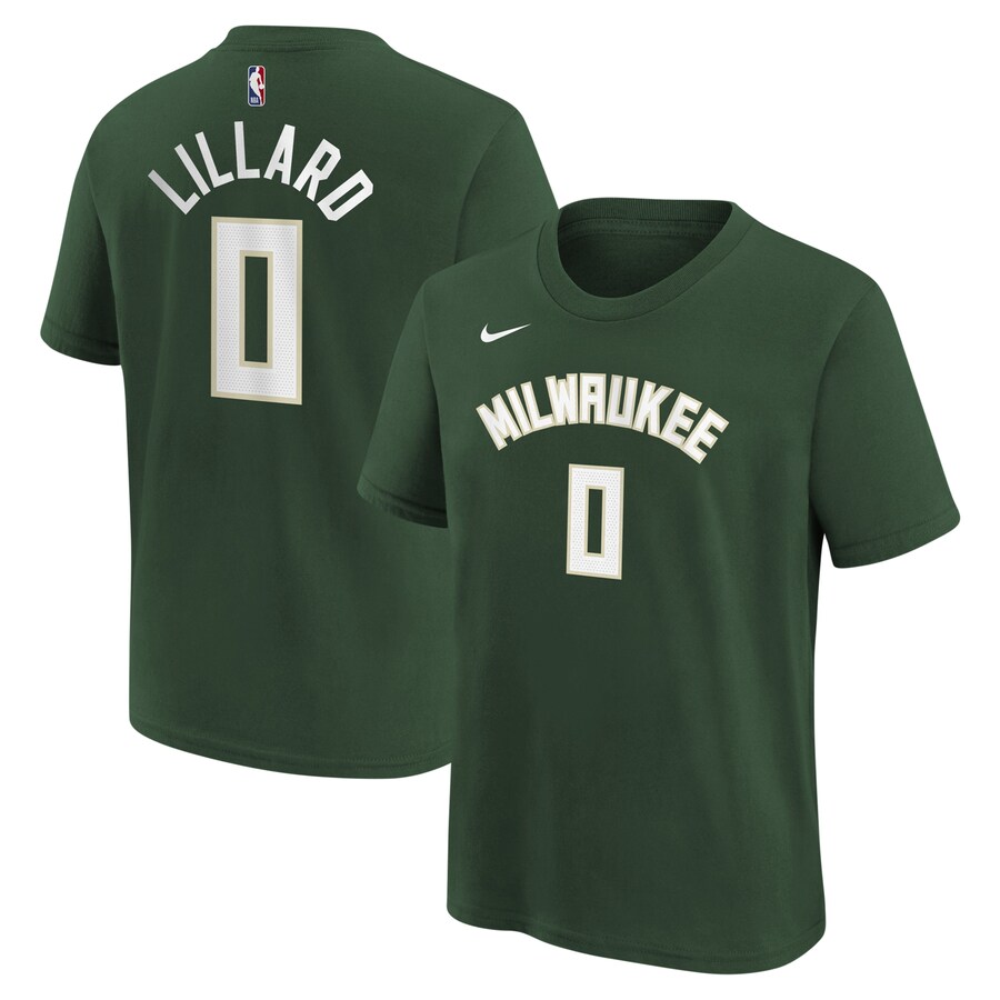 Youth Milwaukee Bucks Damian Lillard Nike Hunter Green Icon Name & Number T-Shirt - Puhuasuan