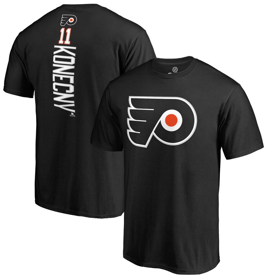 Men's Philadelphia Flyers Travis Konecny Black Team Logo Backer Name & Number T-Shirt - Puhuasuan
