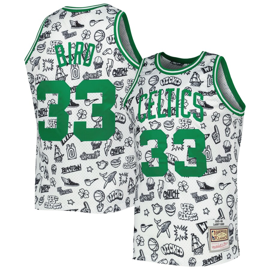 Men's Boston Celtics Larry Bird Mitchell & Ness White 1985/86 Hardwood Classics Doodle Swingman Jersey - Puhuasuan
