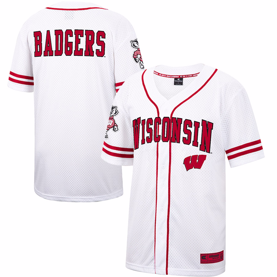 Wisconsin Badgers Colosseum Free Spirited Mesh Button-Up Baseball Jersey - White - Puhuasuan